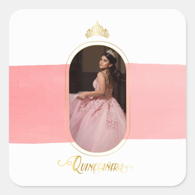 Gold and Rose Pink Photo Quinceanera Square Sticker (Front)