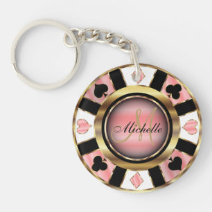 Gold and Rose Poker Chip Design - Monogram Key Ring