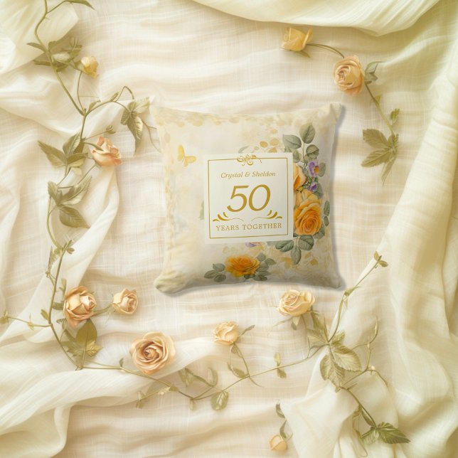 Gold and Roses 50th Wedding Anniversary Cushion (Gold Yellow Roses 50th Anniversary gift Throw Pillow)