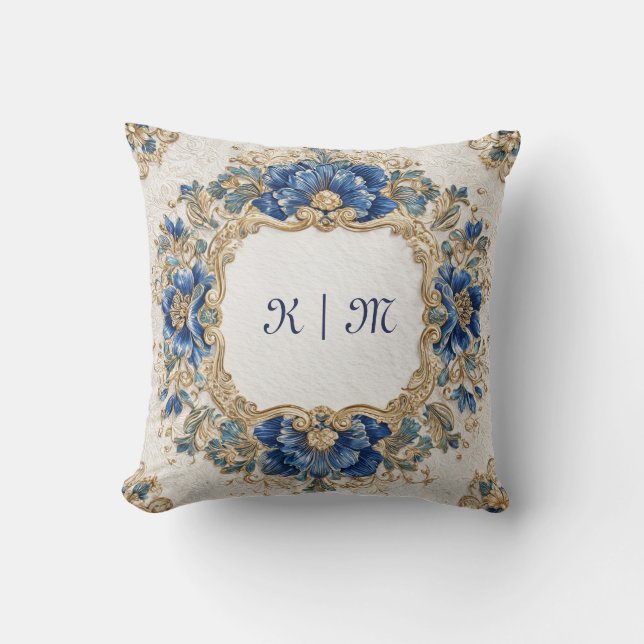 Gold and Royal Blue Floral Baroque Round Frame Cushion (Front)