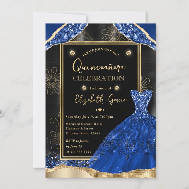 Gold and Royal Blue Glitter Dress Quinceanera Invitation (Front)