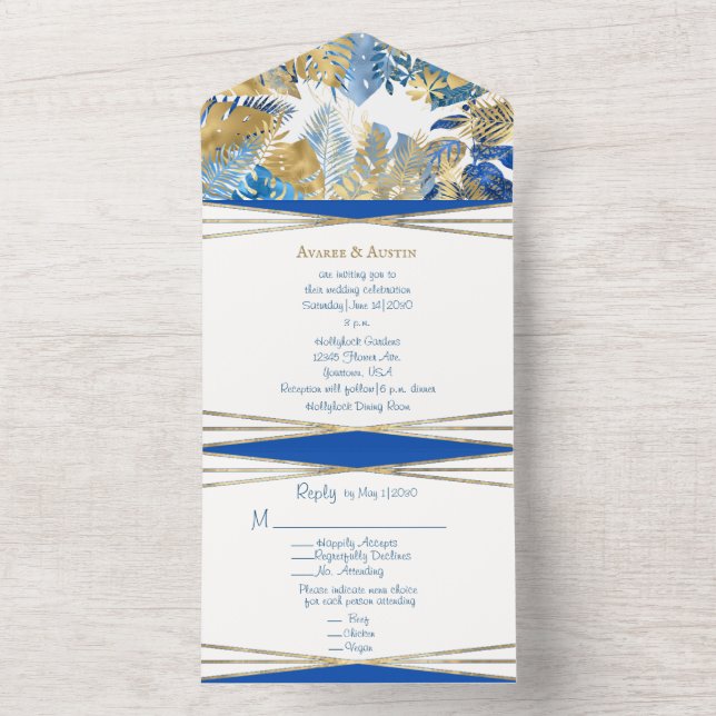 Gold and Royal Blue Tropical Leaf All In One Invitation (Inside)