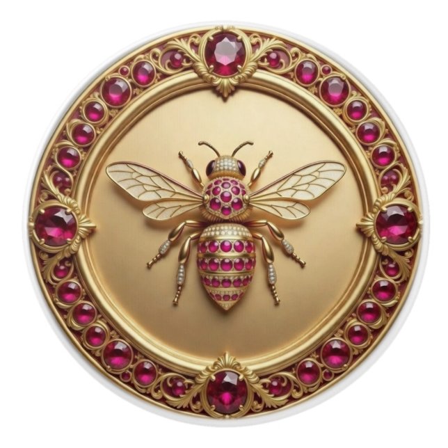 Gold and Ruby Studded Honey Bee Ceramic Knob (Front)