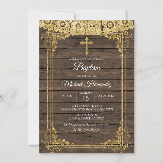 Gold and Rustic Brown Spanish Baptism Invitation (Front)