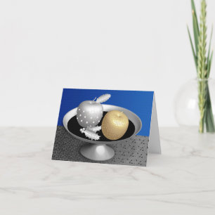 Gold  and silver apples on a silver pedestal holiday card