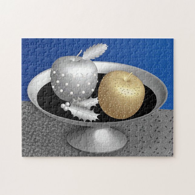 Gold and Silver Apples on a Silver Pedestal Jigsaw Puzzle (Horizontal)