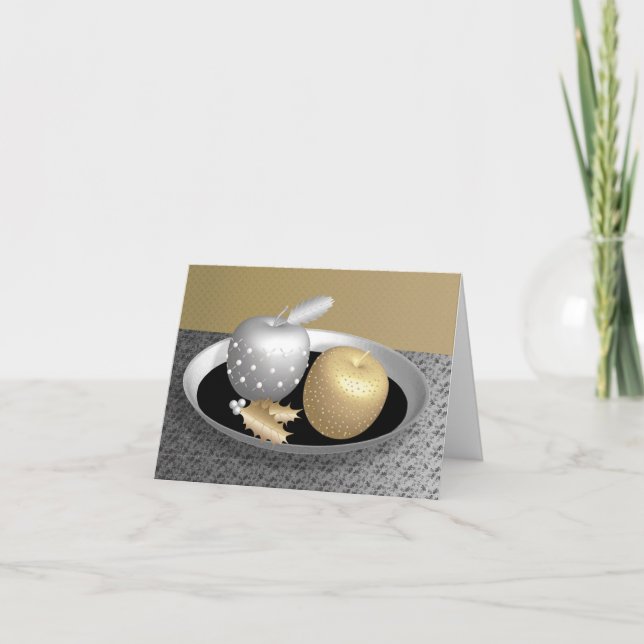 Gold  and silver apples on a silver platter holiday card (Front)