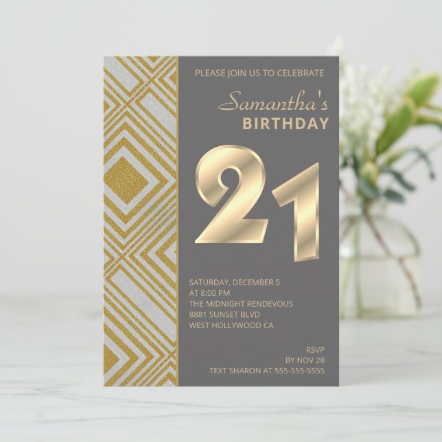 Gold and Silver Art Deco Birthday Invitation (Standing Front)