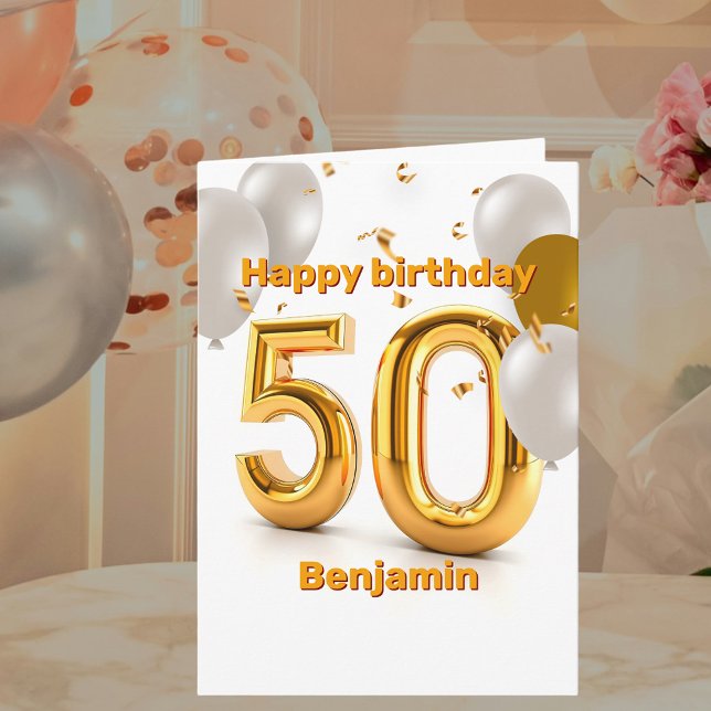 Gold and Silver Balloons Confetti 50th Birthday Card (Creator Uploaded)