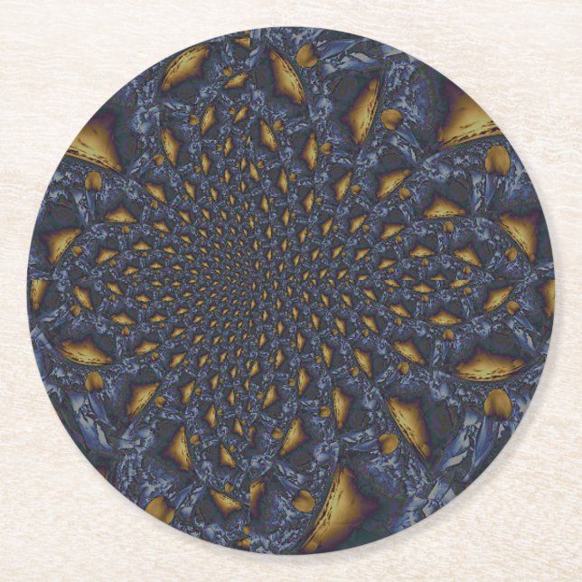 Gold and Silver Blue Molten Metal Round Paper Coaster (Front)