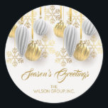 Gold and Silver Christmas Ornaments  Classic Round Sticker<br><div class="desc">A round sticker features your business name and greeting in chic lettering accented with a design of silver and gold ornaments and snowflakes. MATCHING items in our collection.</div>