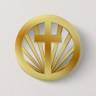 GOLD AND SILVER CROSS 6 CM ROUND BADGE