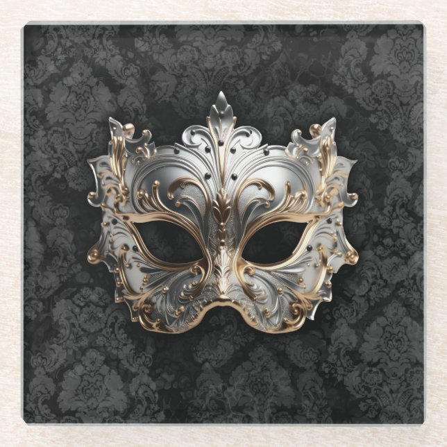Gold and Silver Filigree Venetian Mask Glass Coaster (Front)