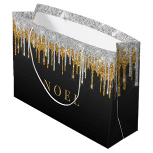 Gold and silver glitter drips large gift bag