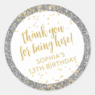 Gold and Silver Glitter Thank You Birthday Favour Classic Round Sticker
