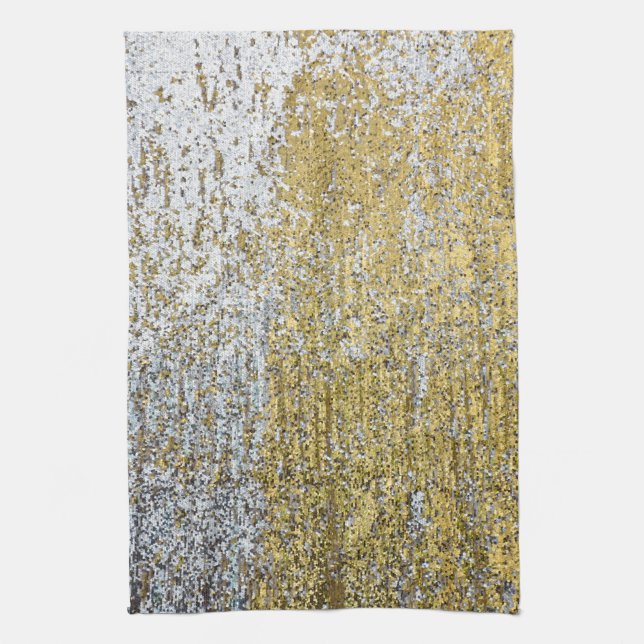 Gold and Silver Grunge Glitter Kitchen Dish Towel (Vertical)