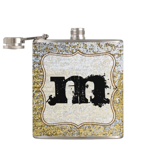 Gold and Silver Grunge Monogram Whiskey Flask (Opened)
