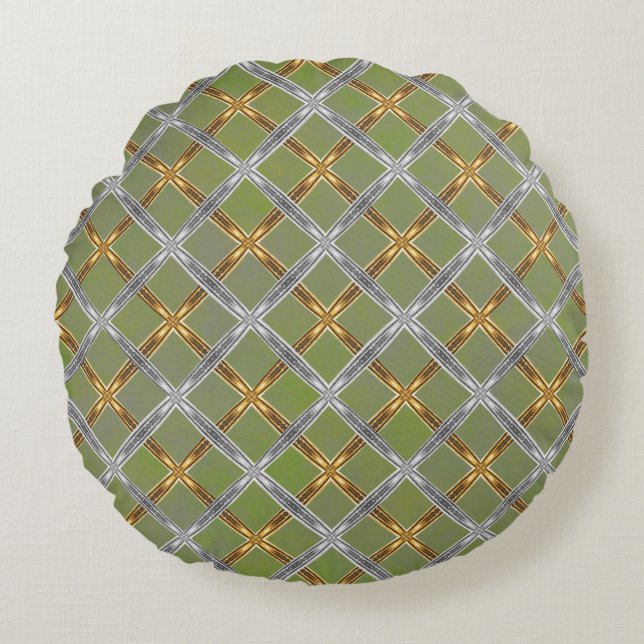 Gold and Silver Laced Green Pattern Round Cushion (Front)