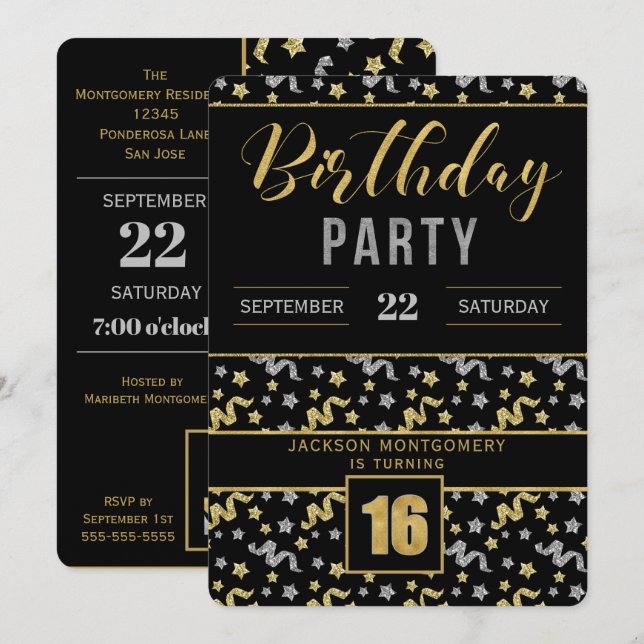 Gold and Silver on Black 16th Birthday Confetti Invitation (Front/Back)