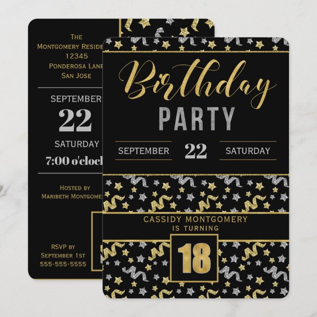 Gold and Silver on Black 18th Birthday Confetti Invitation (Front/Back)