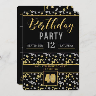 Gold and Silver on Black 40th Birthday Confetti Invitation