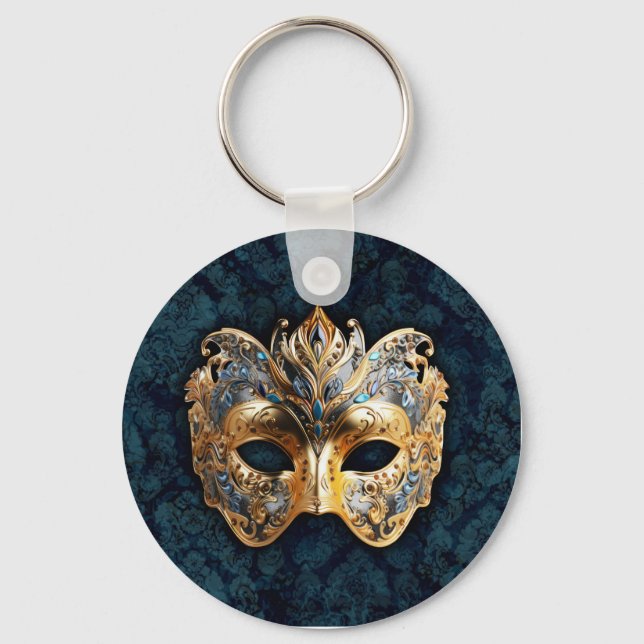 Gold and Silver Ornate Masquerade Mask Key Ring (Front)