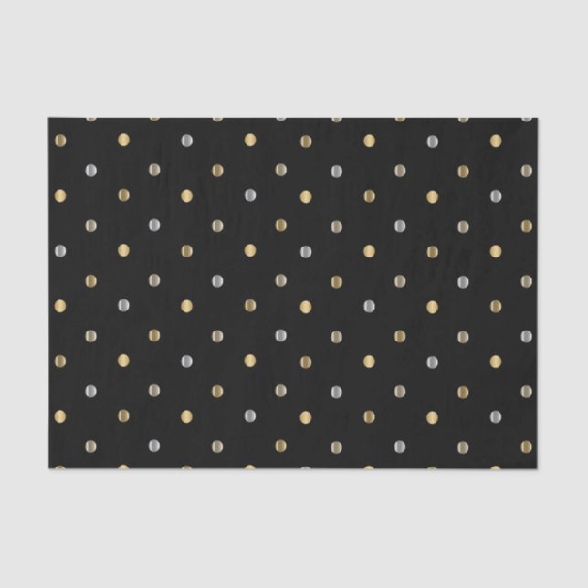 Gold and Silver Polka Dots on Black  Tissue Paper (Front)