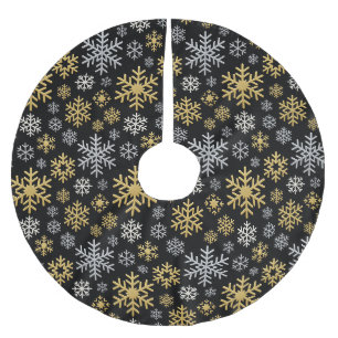 Gold and Silver Snowflakes, Dark Christmas, Black Brushed Polyester Tree Skirt