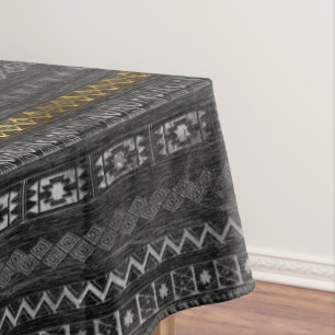 Gold and Silver Tribal Pattern on Black wood Tablecloth