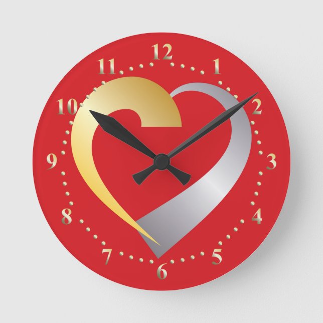 Gold and silver Valentine Heart Round Clock (Front)