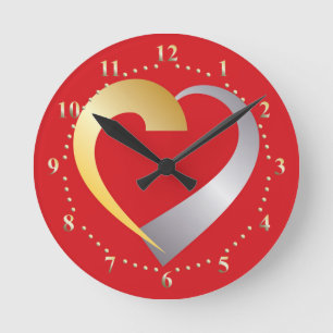 Gold and silver Valentine Heart Round Clock