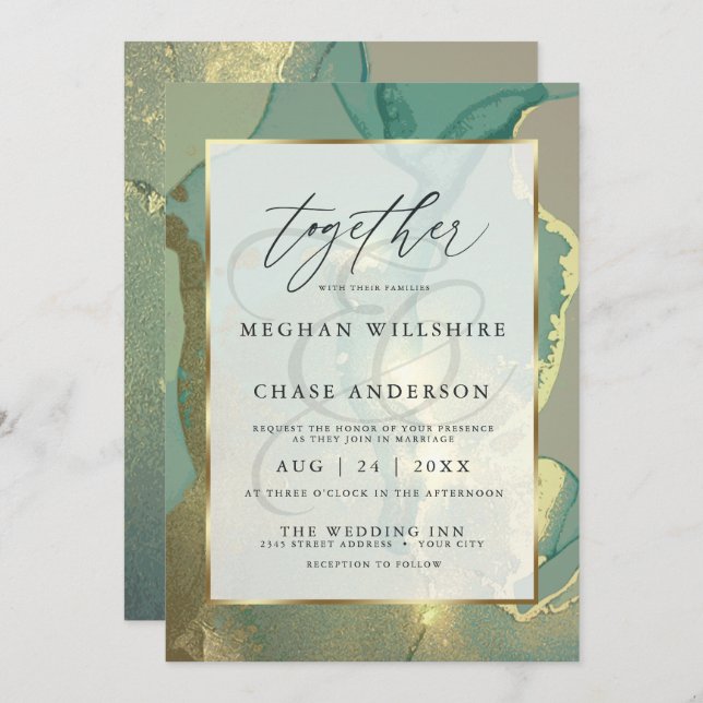  Gold and Smokey Green Alcohol Ink Watercolor  Invitation (Front/Back)