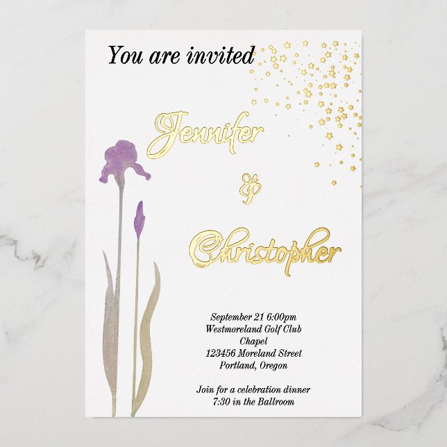 Gold and soft purple watercolor Iris Wedding  (Front)
