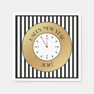 Gold and Stripes Clock Midnight Happy New Year Napkin