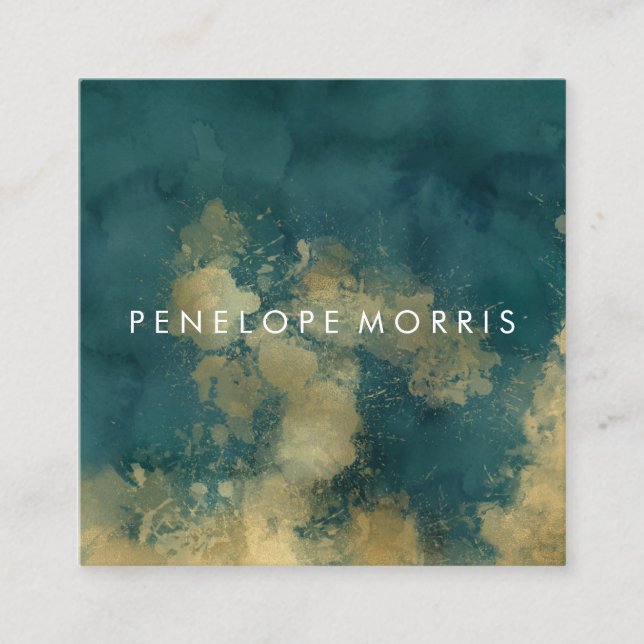 Gold and Teal abstract Beauty Stylist  Square Business Card (Front)
