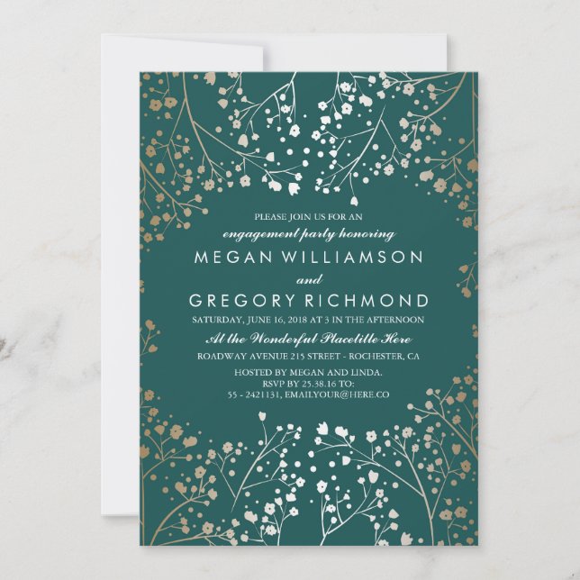 Gold and Teal Baby's Breath Engagement Party Invitation (Front)