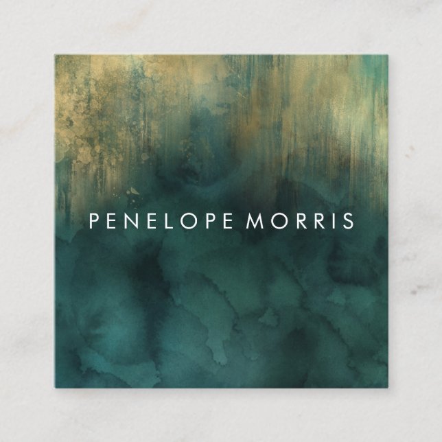 Gold and Teal Beauty Stylist Square Business Card (Front)