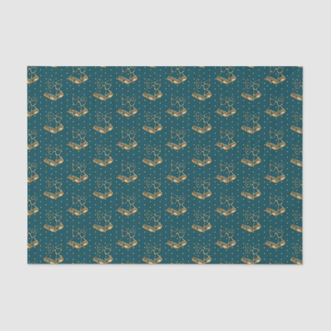 Gold and Teal Blue Christmas Bells Tissue Paper (Front)
