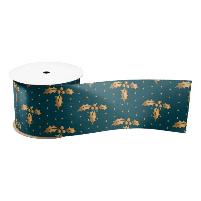 Gold and Teal Blue Christmas Holly Satin Ribbon (Spool)
