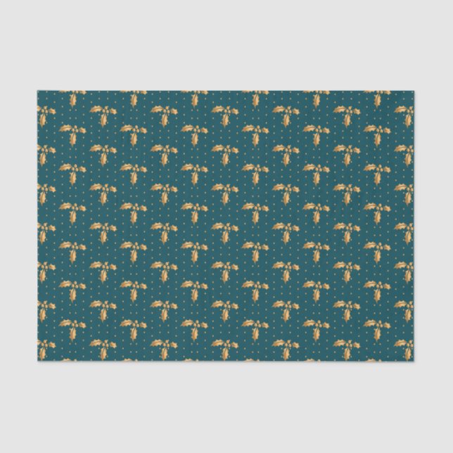Gold and Teal Blue Christmas Holly Tissue Paper (Front)