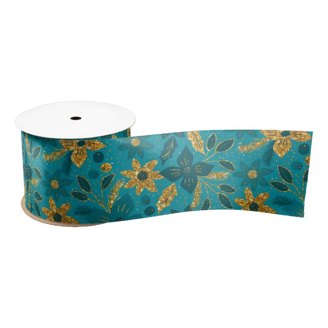 Gold and Teal Blue Christmas Poinsettia Flowers Satin Ribbon (Spool)