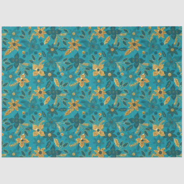 Gold and Teal Blue Christmas Poinsettia Flowers Tissue Paper (Front)