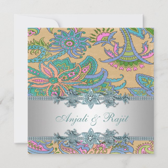 Gold and Teal Blue Paisley Wedding Invitation (Front)