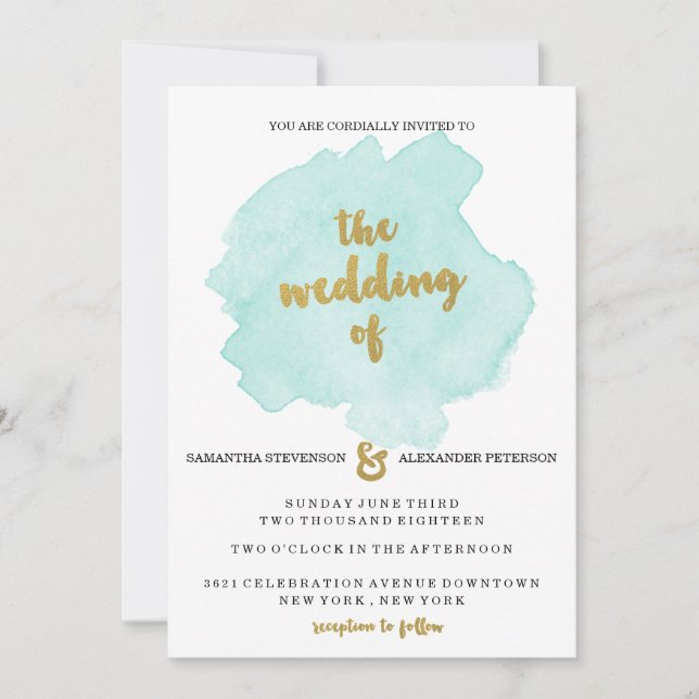 Gold and Teal Blush Wedding Invitation (Front)