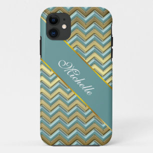 Gold and Teal Chevron Pattern iPhone 11 Case