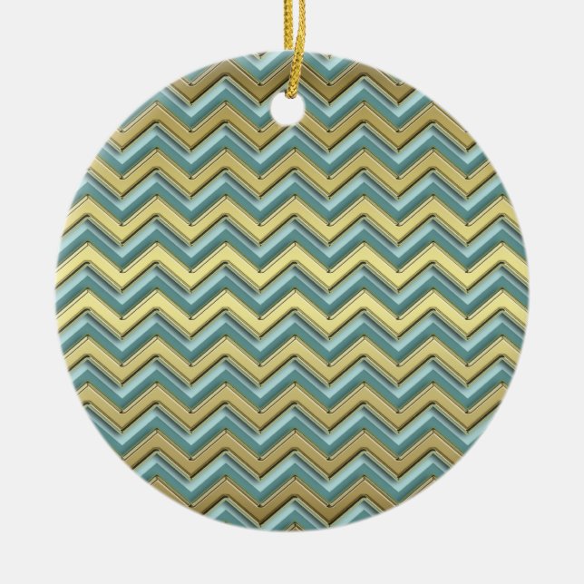 Gold and Teal Chevron Pattern Ceramic Tree Decoration (Front)
