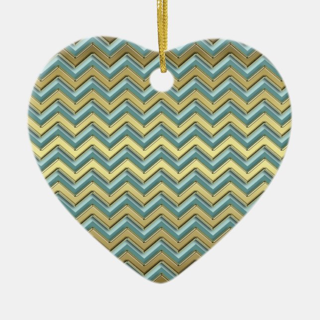 Gold and Teal Chevron Pattern Ceramic Tree Decoration (Front)