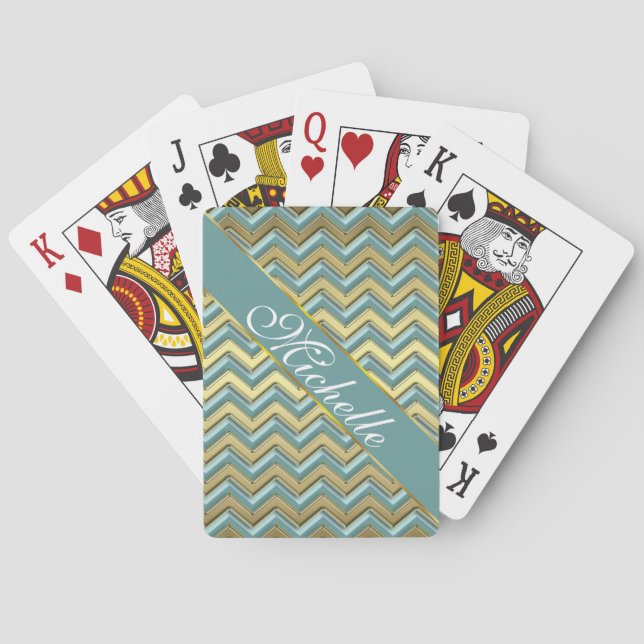 Gold and Teal Chevron Pattern Playing Cards (Back)