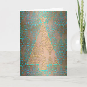 Gold and Teal Damask Christmas Tree Greeting Card