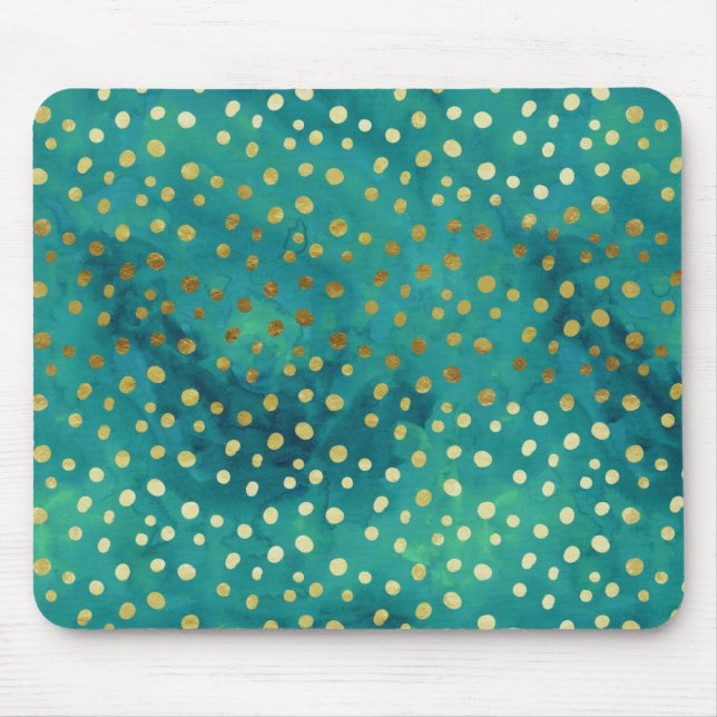 Gold and Teal Dots Modern Glam Watercolor Mousepad (Front)